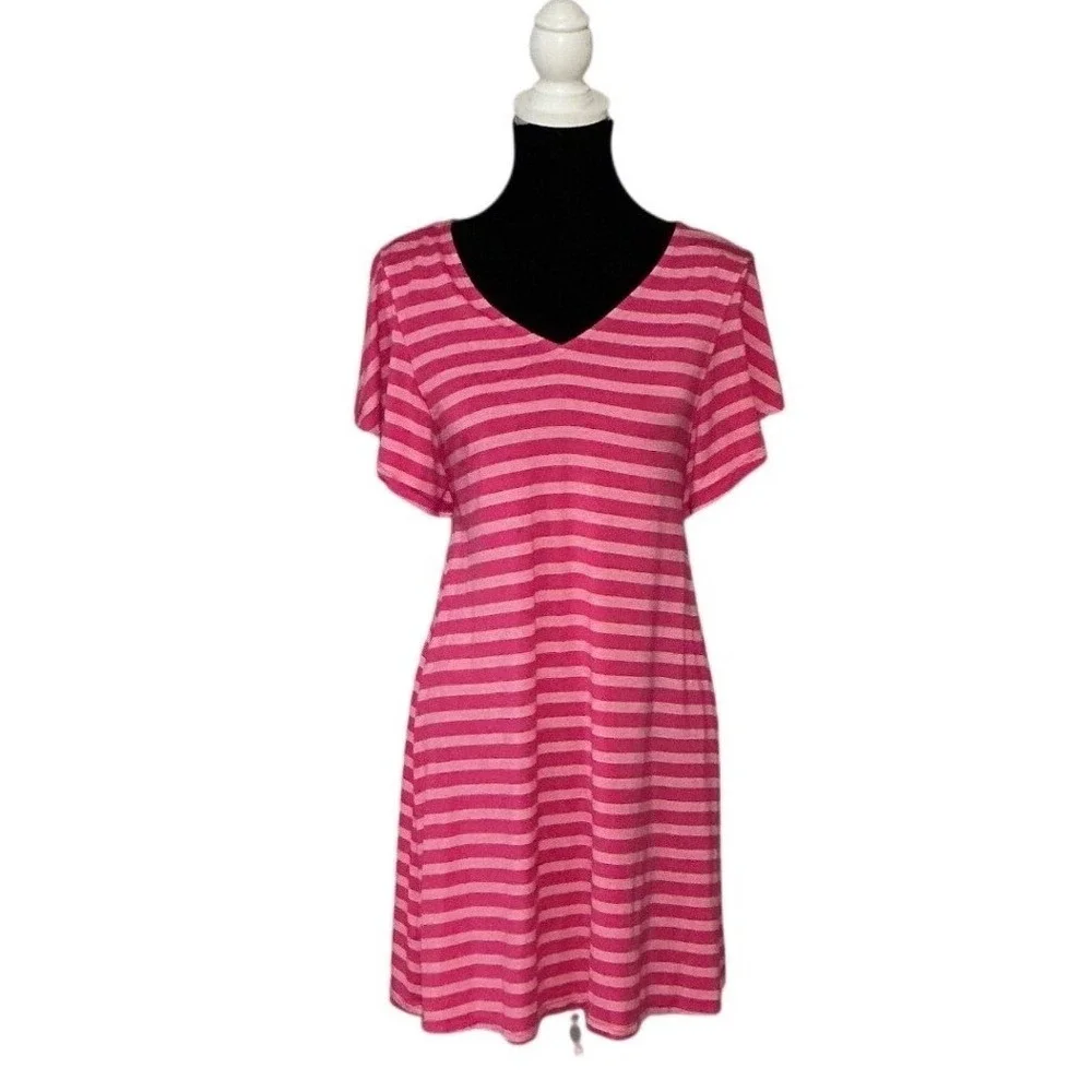 Tommy Bahama Pink Beachy Vacation Striped V-Neck‎ Flutter Sleeve Shift Dress S